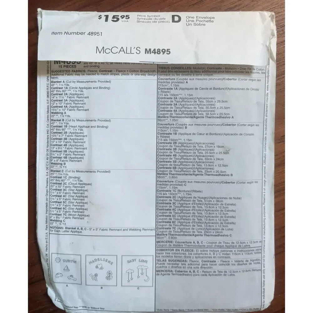 UNCUT McCall's Crafts Pattern 4895 Fleece Blanket